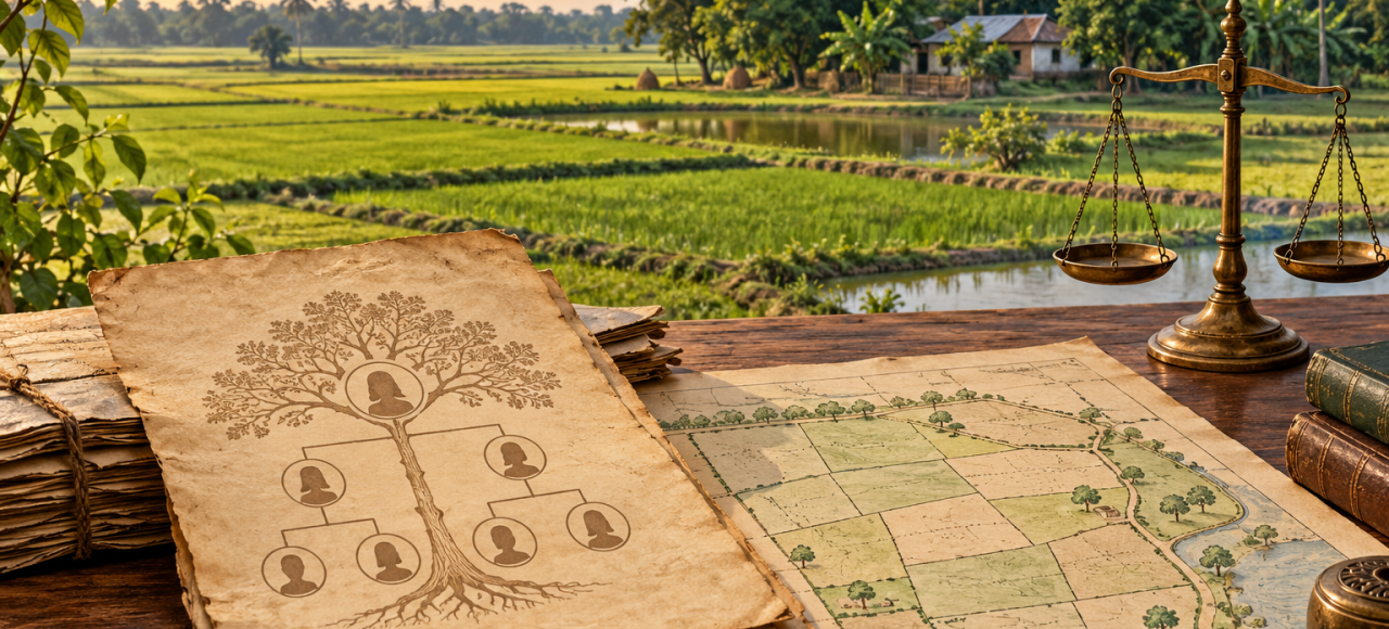গ্রামীণ জমির পটভূমিতে উত্তরাধিকারের বংশলতিকা, জমির মানচিত্র ও ন্যায়বিচারের দাঁড়িপাল্লা