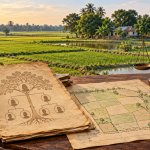 গ্রামীণ জমির পটভূমিতে উত্তরাধিকারের বংশলতিকা, জমির মানচিত্র ও ন্যায়বিচারের দাঁড়িপাল্লা