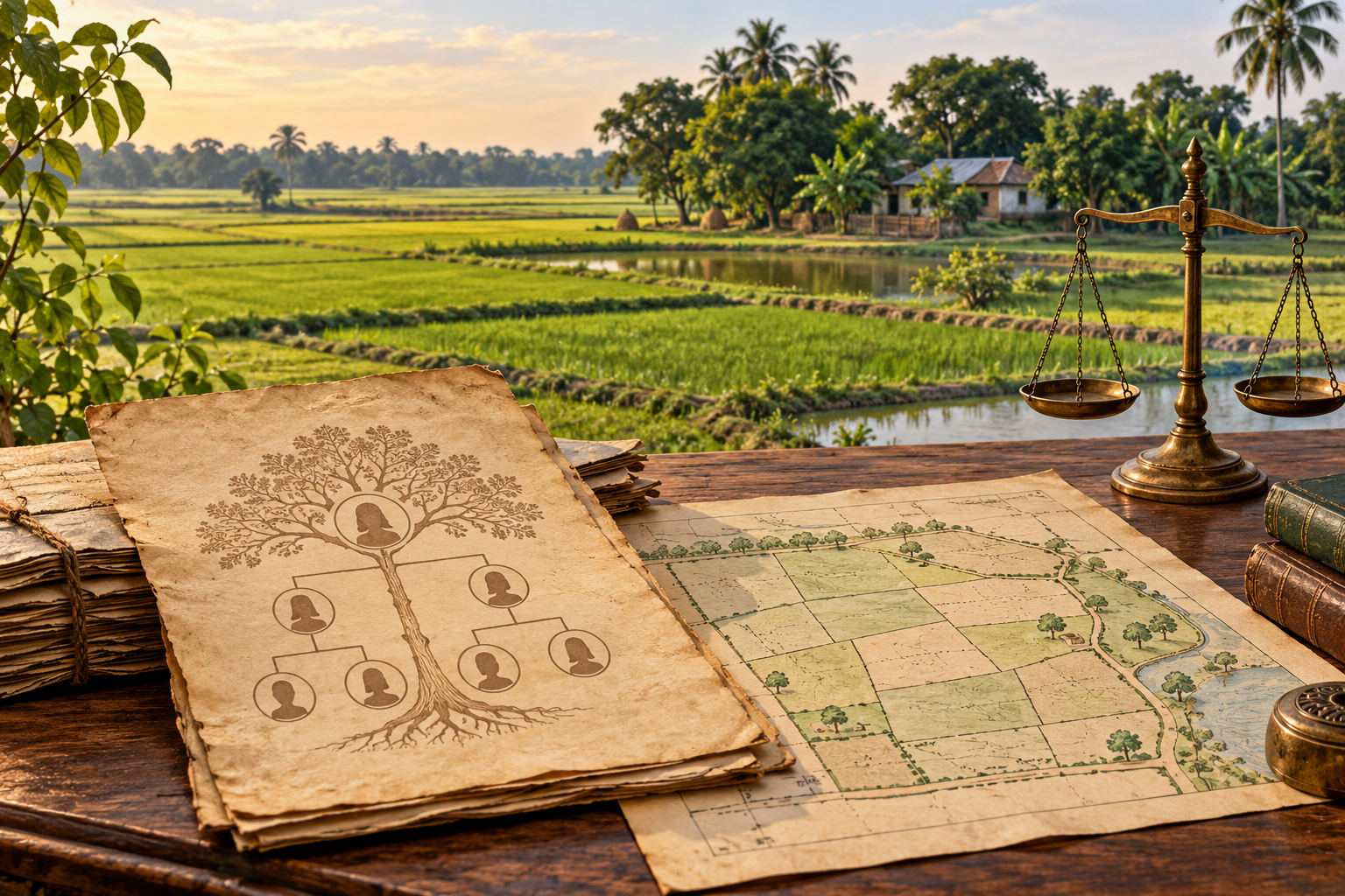গ্রামীণ জমির পটভূমিতে উত্তরাধিকারের বংশলতিকা, জমির মানচিত্র ও ন্যায়বিচারের দাঁড়িপাল্লা